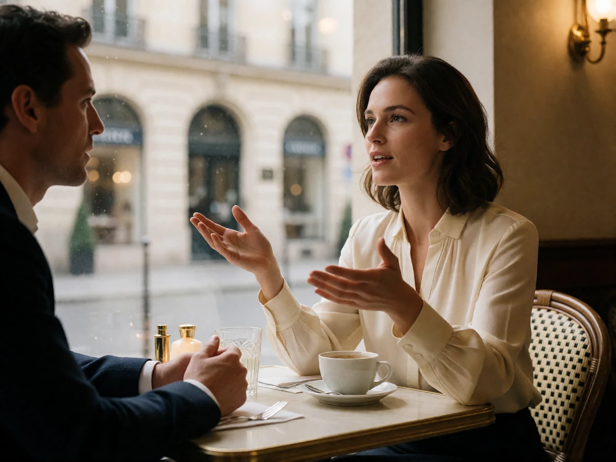 European woman speaking animatedly with her date at a quiet café table during a lively first-date conversation