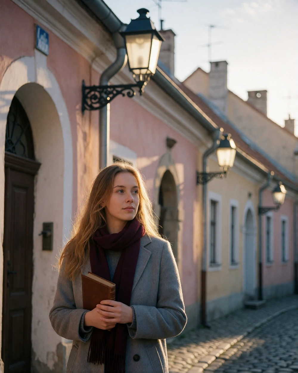 Lithuanian woman in a grey wool coat walking through a cobbled old-town street holding a book