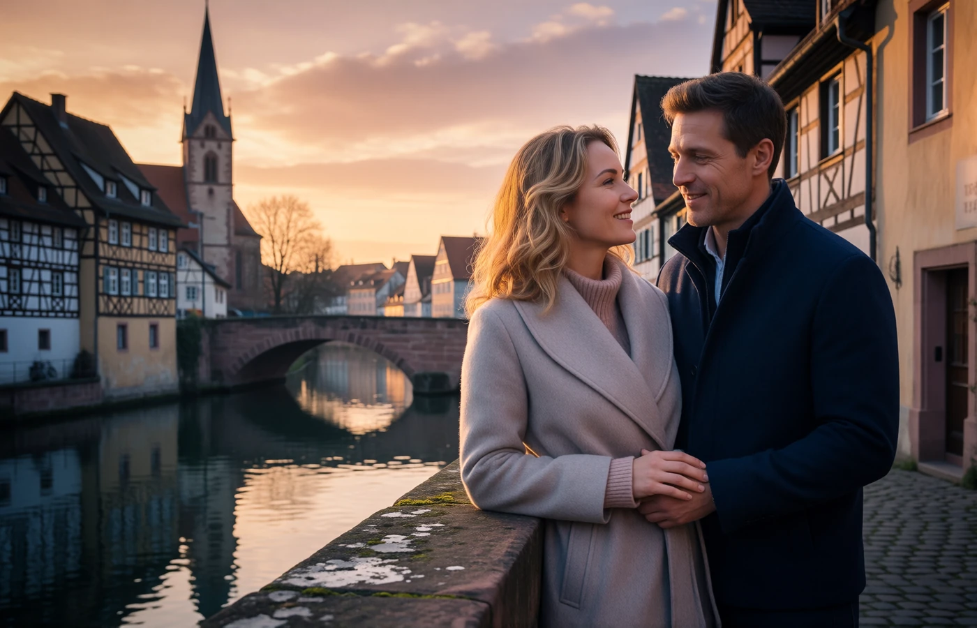 Couple in their late thirties smiling together on a stone riverside terrace in a German old town at dusk