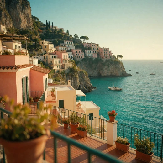 Amalfi Coast cliffside village above the Mediterranean at golden hour