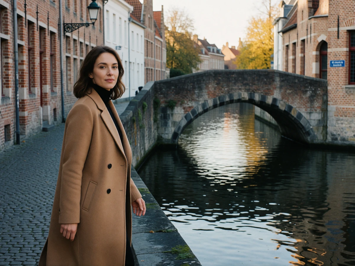 Woman in a camel coat walking beside a calm Bruges canal with a stone bridge and brick facades behind her