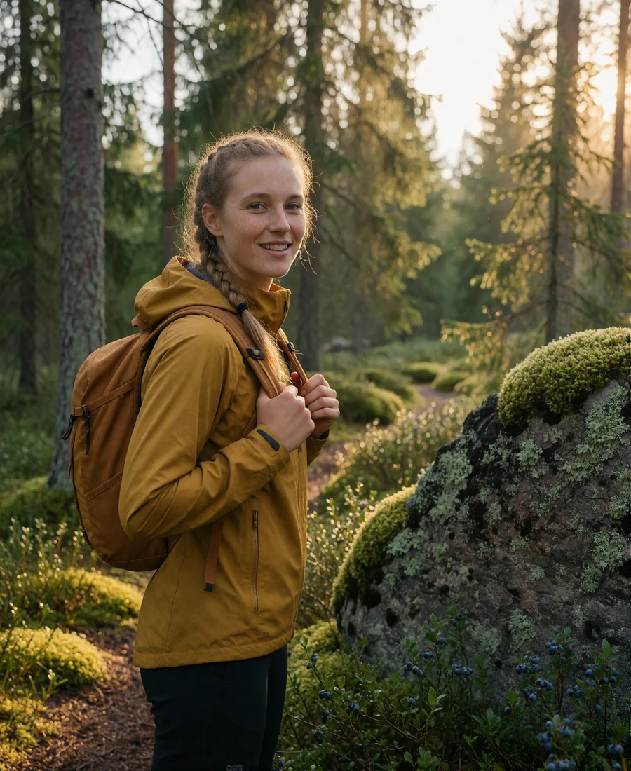 Norwegian woman in a mustard technical jacket pausing on a mossy pine forest trail