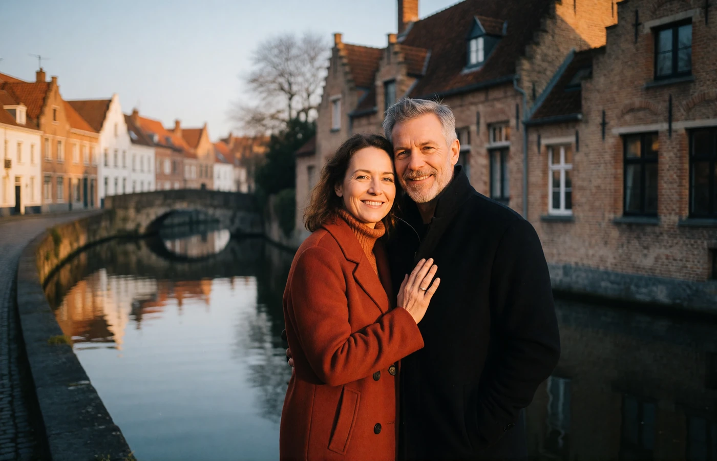 Couple in their forties embracing beside a Bruges canal with gabled houses at dusk