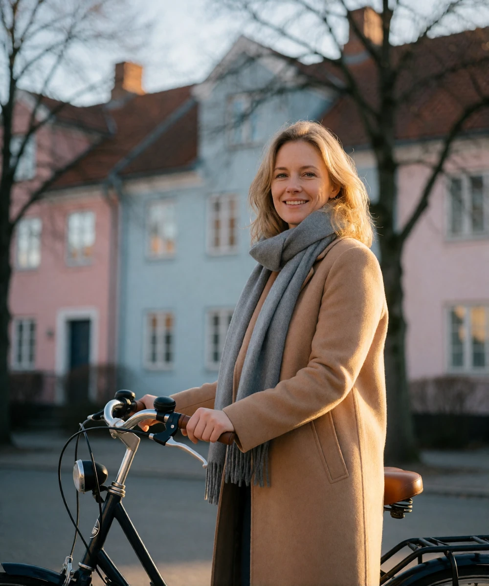 Danish woman with light blonde hair standing beside a city bicycle on a pastel townhouse street