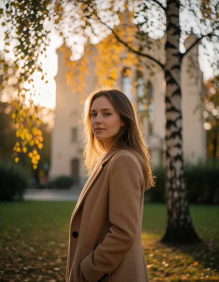 Light-blonde Latvian woman in a Riga park surrounded by golden autumn foliage