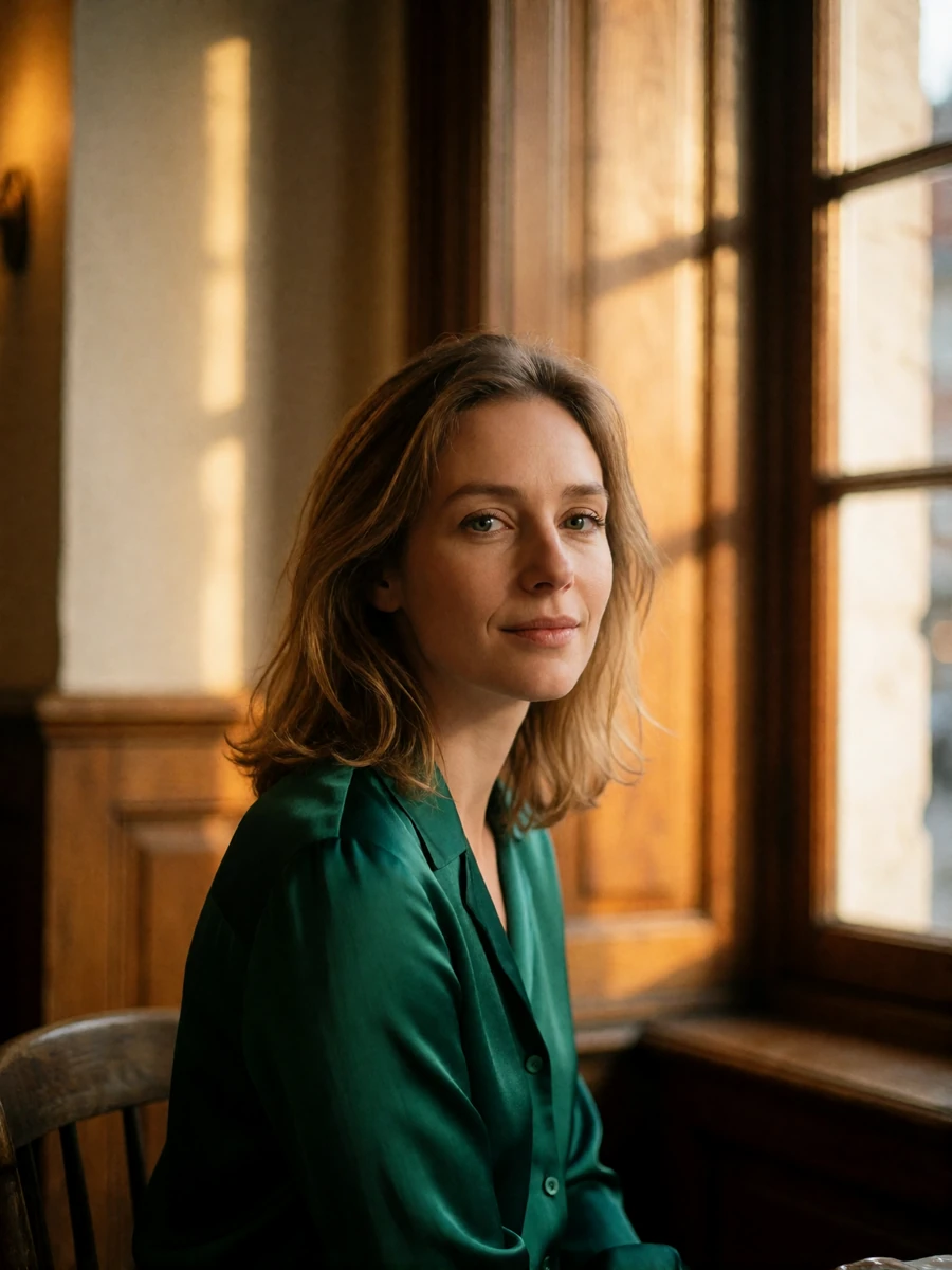 Belgian woman in an emerald blouse smiling thoughtfully by a window in a quiet Bruges tearoom