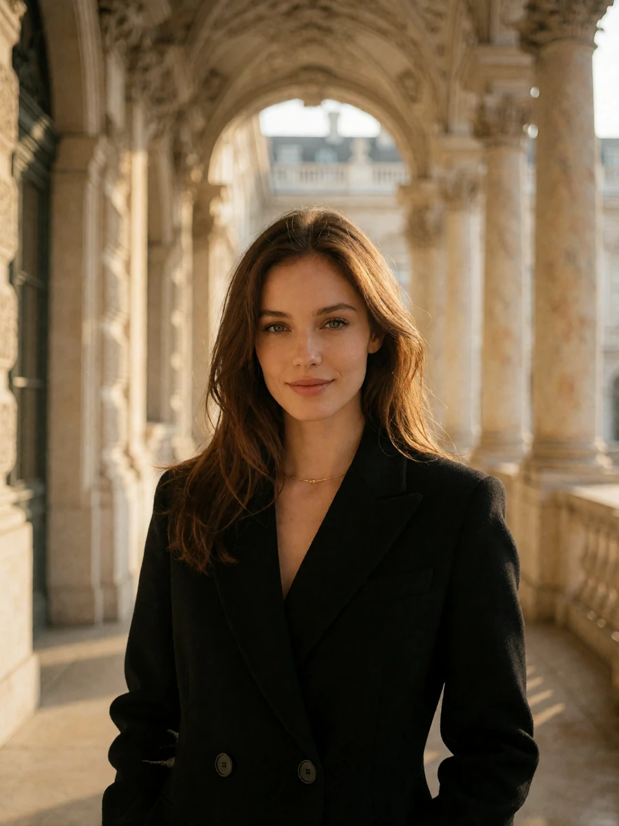 Austrian woman in a tailored black coat standing before a Vienna palace courtyard colonnade