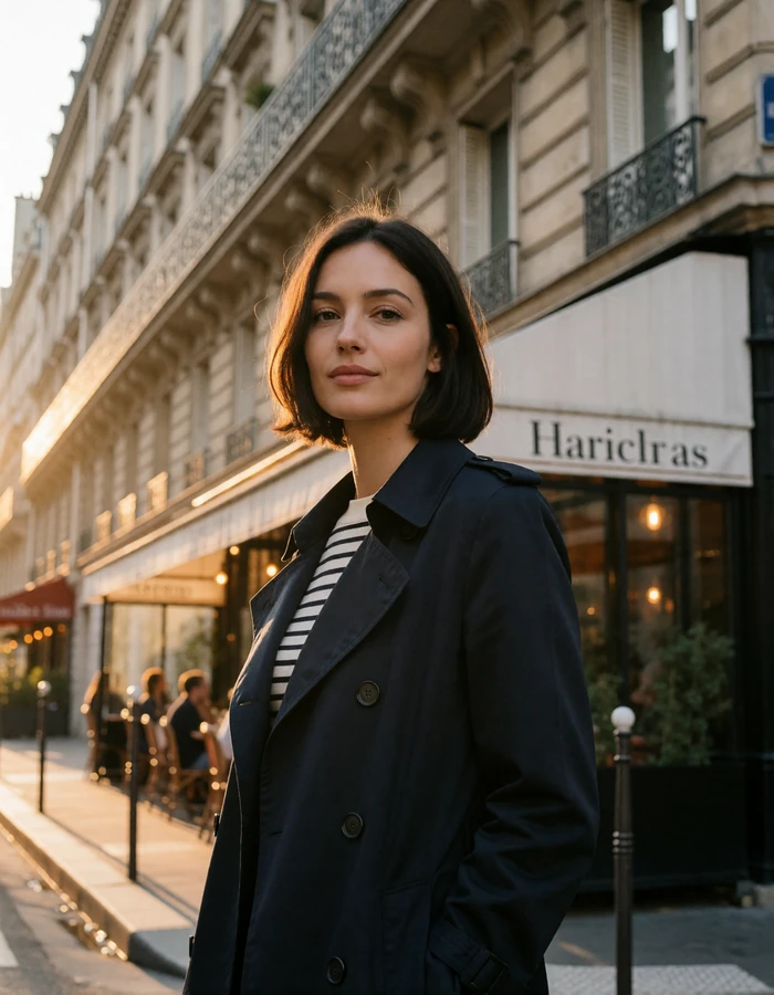 Poised blonde French woman on a Parisian side street at dusk with Haussmann facades behind her