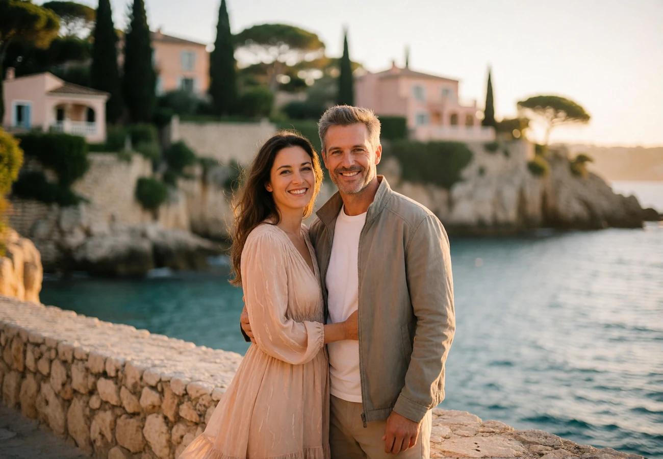 Couple smiling together on a coastal stone walkway above the Mediterranean at sunset