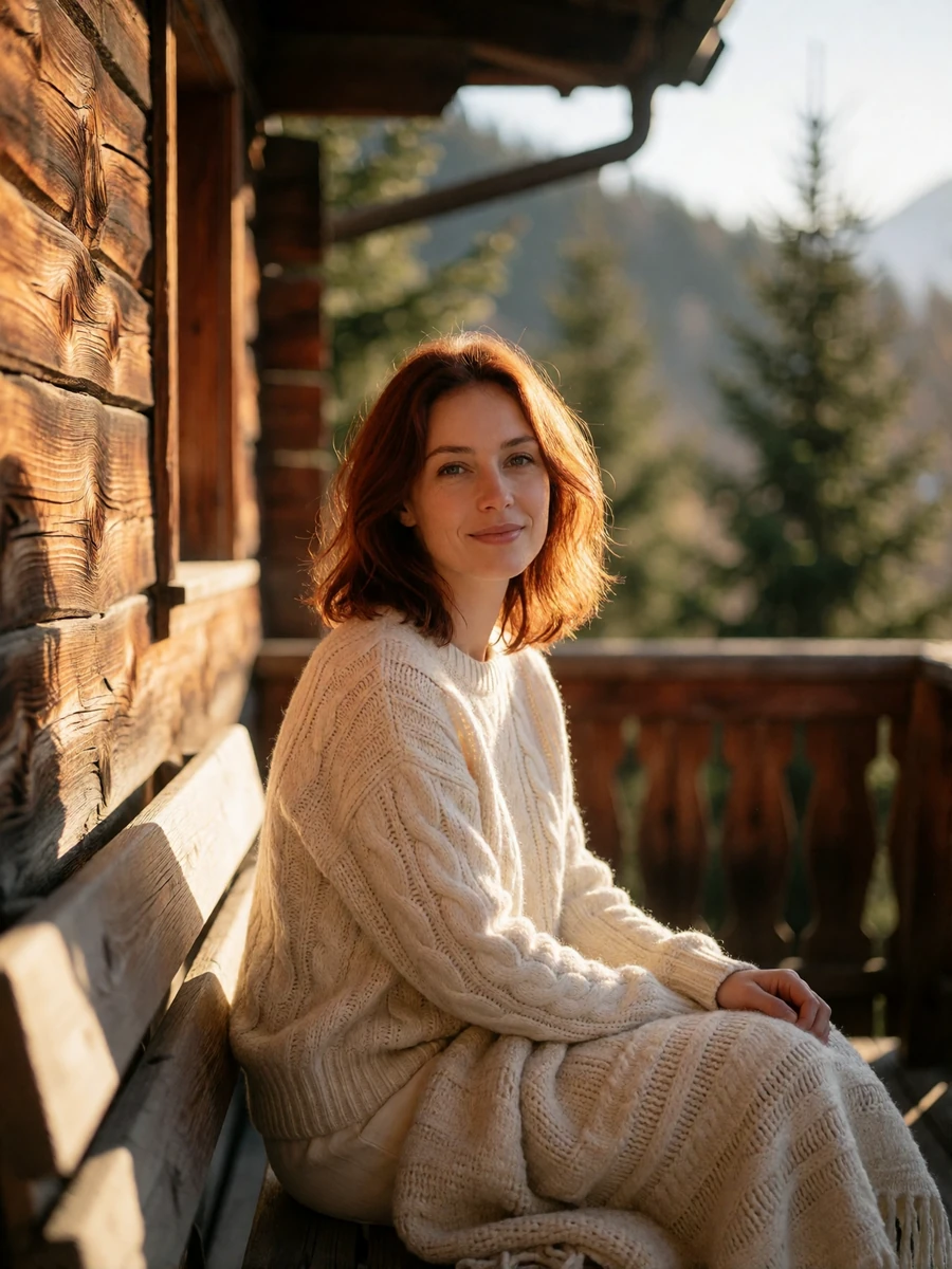 Auburn-haired Swiss woman in a cream sweater relaxing on a chalet balcony at sunset
