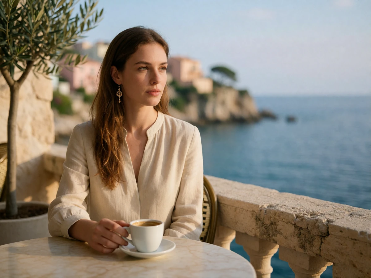 Poised woman seated at a marble café table on a Mediterranean coastal terrace in soft morning light