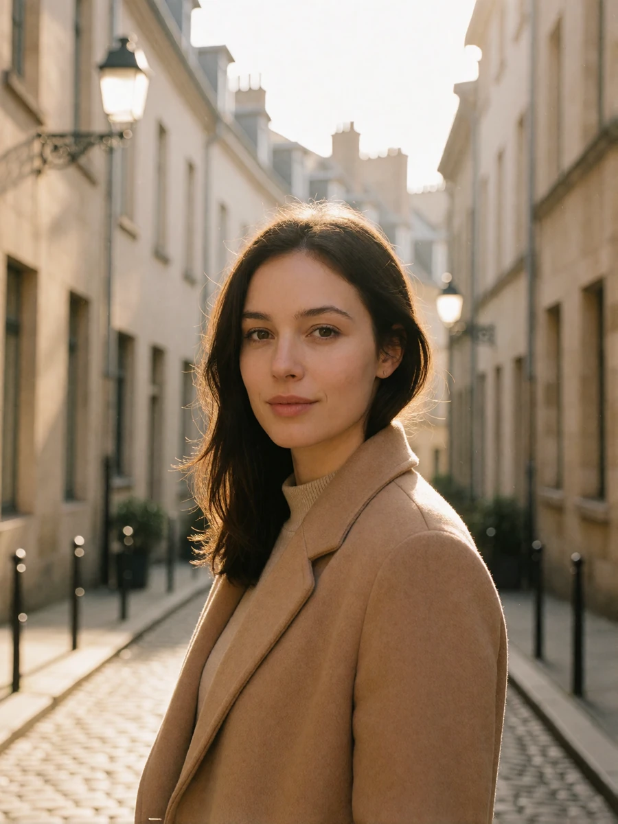Woman in a camel wool coat smiling on a cobbled street in Luxembourg City's old quarter