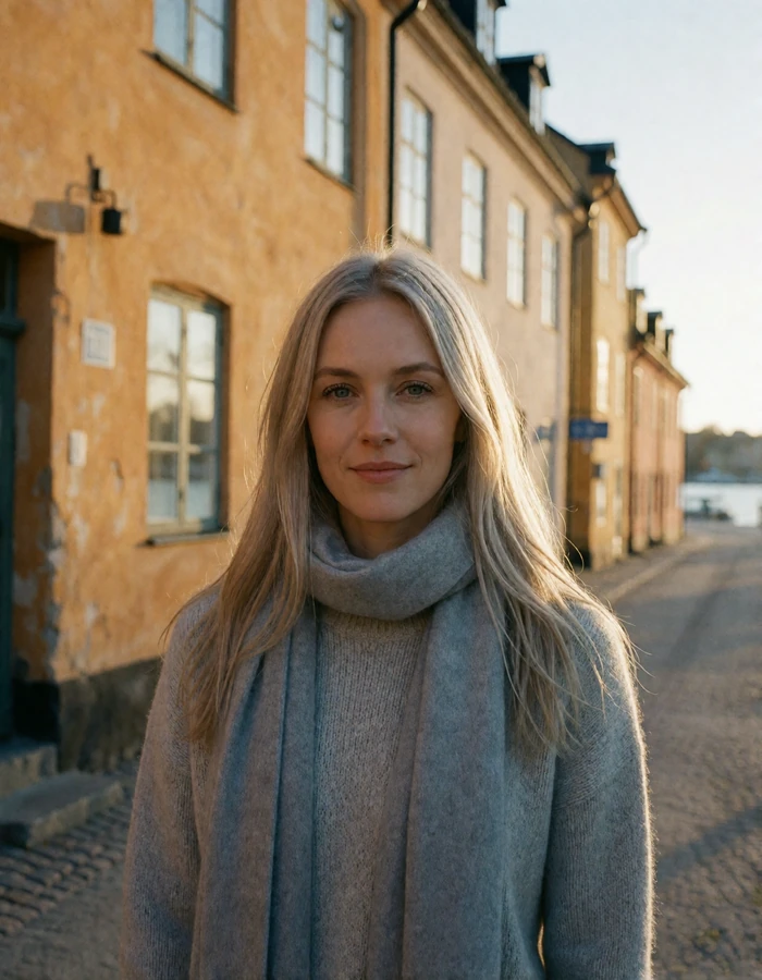 Light-blonde Swedish woman on a Stockholm street in soft overcast daylight