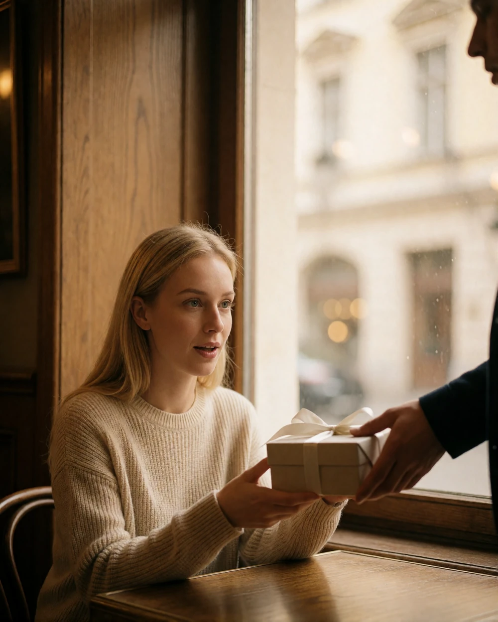 Woman in a knit sweater smiling as she receives a small wrapped gift from a man's hand at a wooden German cafe table