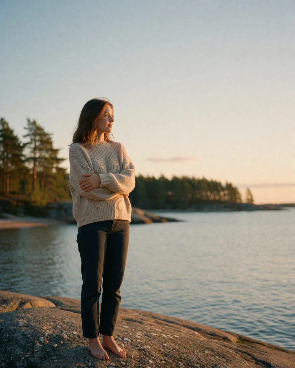 Estonian woman in an oatmeal sweater standing on a granite boulder at a calm Baltic coastline during sunset