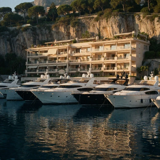 Monaco harbour lined with yachts beneath hillside apartments in early evening